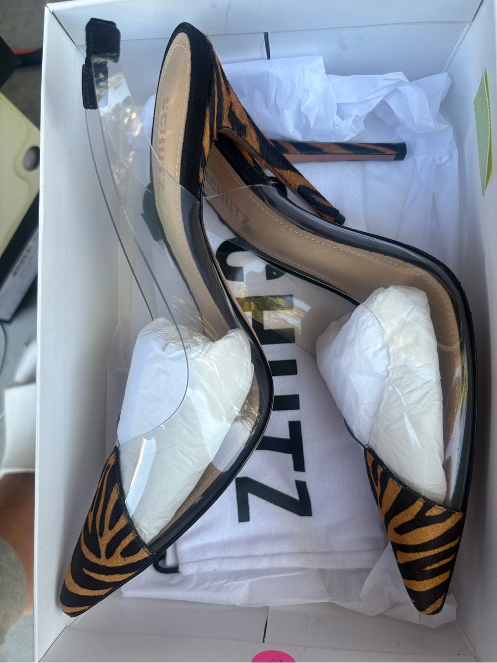 SCHUTZ Zebra-Print Black and Brown Pointed Toe Clear Panel Stiletto Heels - Picture 8 of 8
